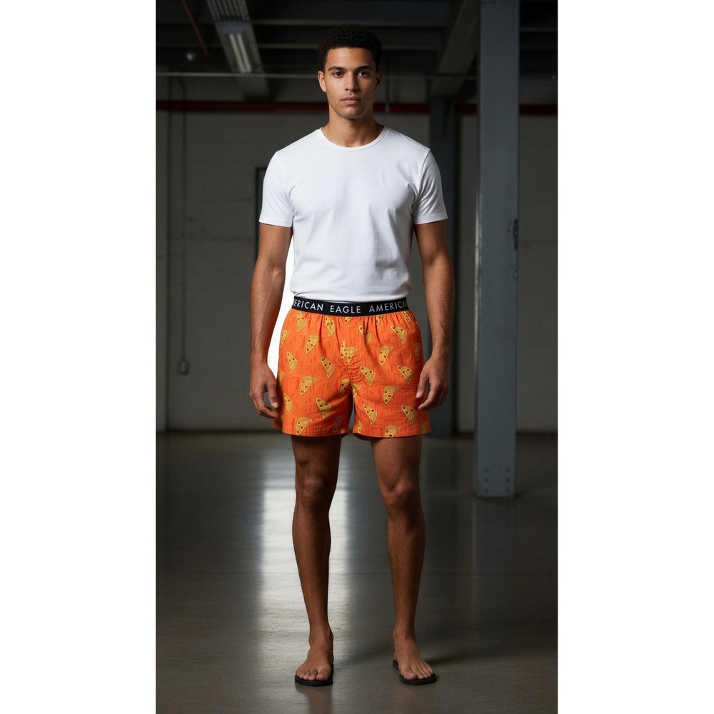American Eagle Mens XL Pizza Print Boxer Shorts Orange Elastic Waistband NEW